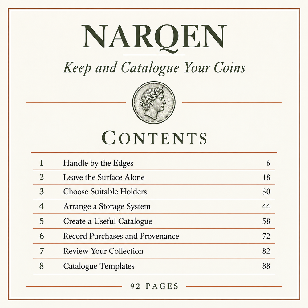 Contents preview of Keep and Catalogue Your Coins, a digital PDF guide.