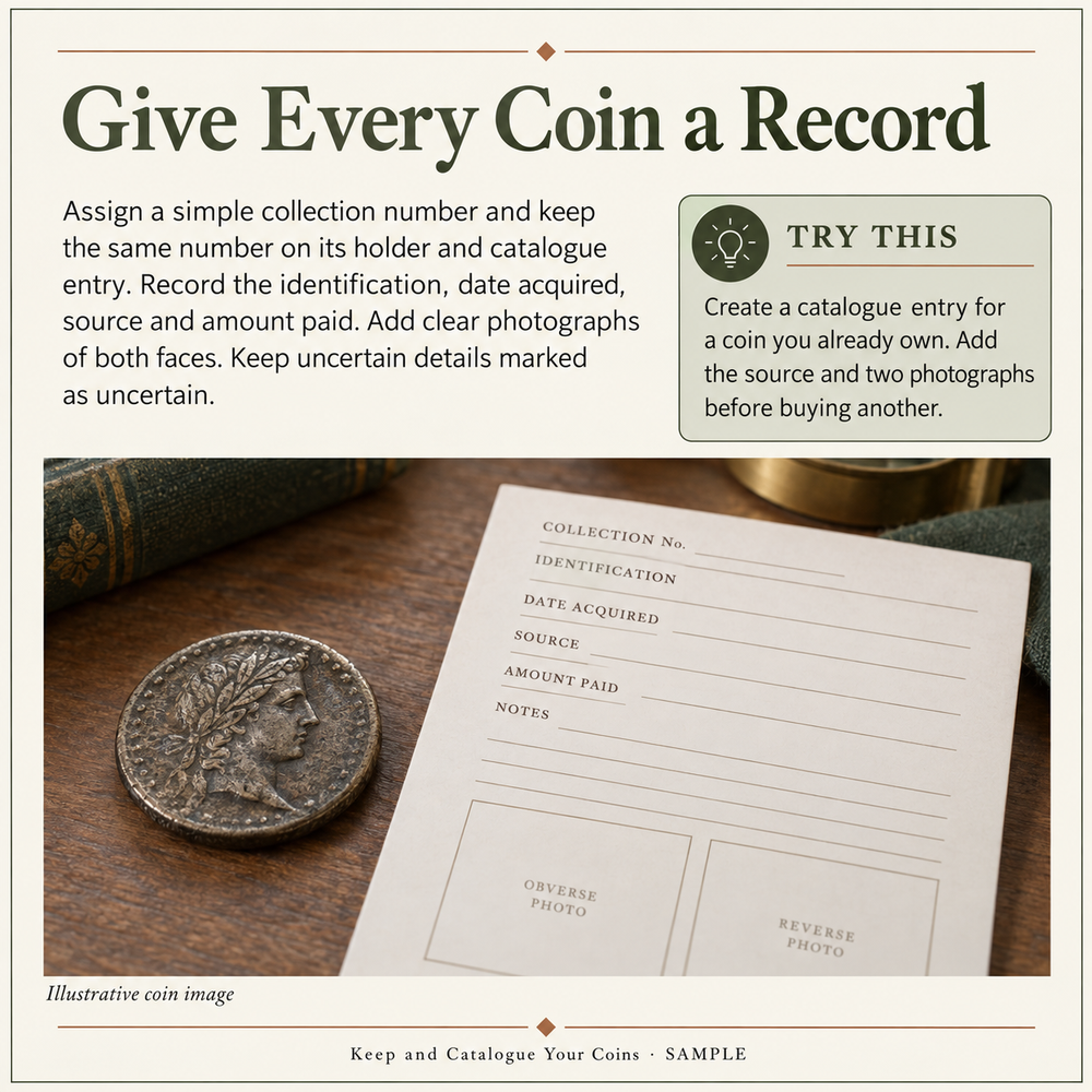 Sample page preview of Keep and Catalogue Your Coins, a digital PDF guide.